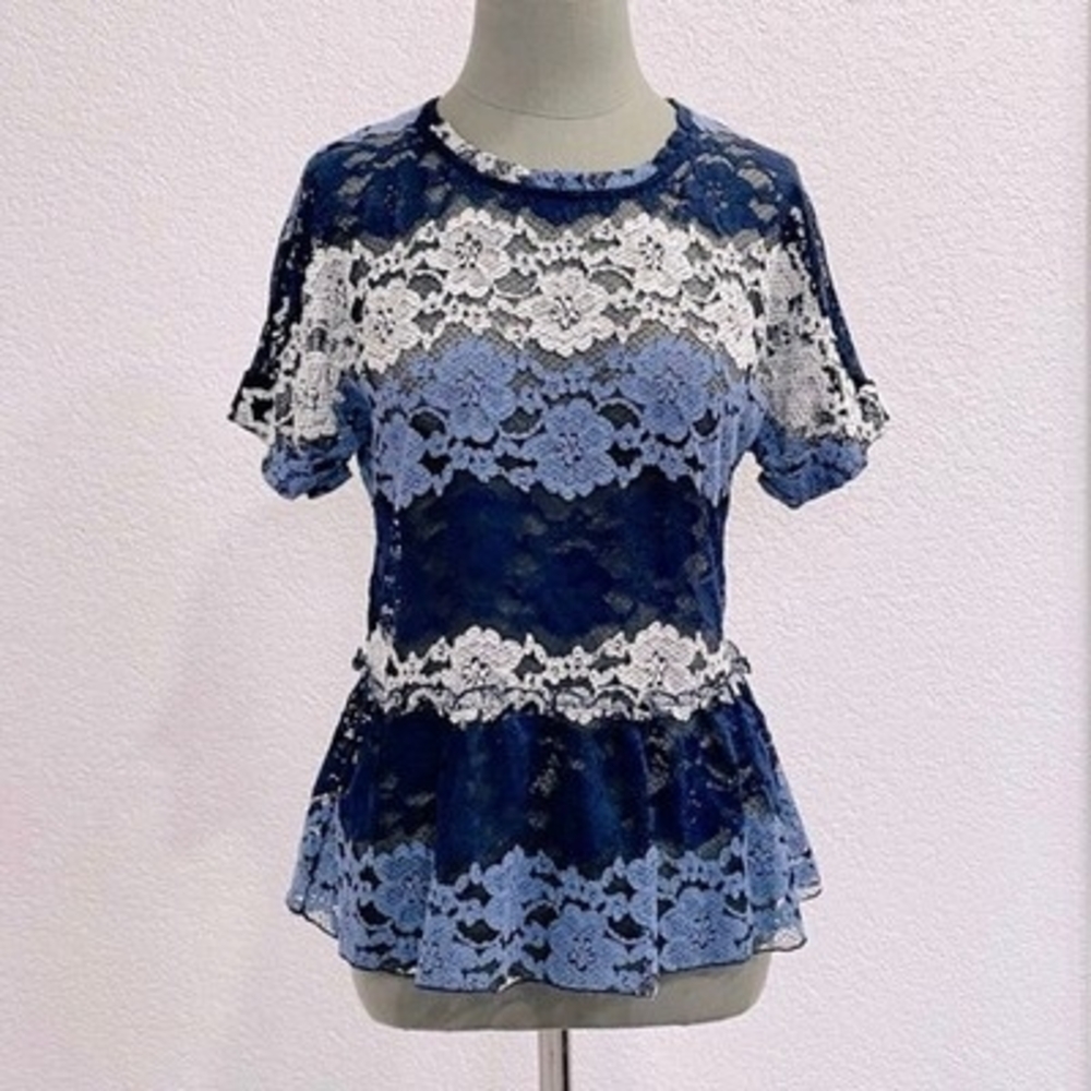 Eva Franco Peplum Top M Striped Lace Floral Short Sleeve USA Made Excellent - Picture 3 of 9